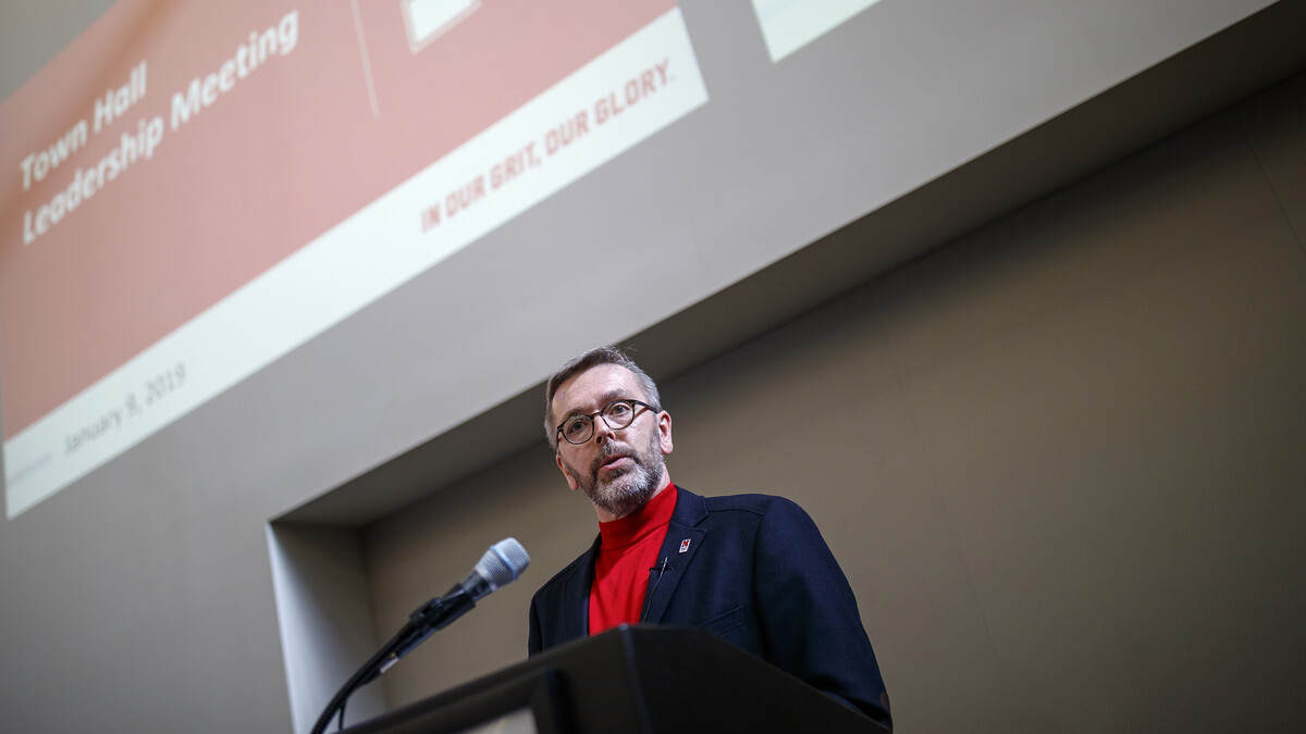 Chancellor Ronnie Green talks with deans and directors during a town hall meeting, Jan. 9 at Nebraska Innovation Campus. Green will deliver the State of the University address Jan. 15.